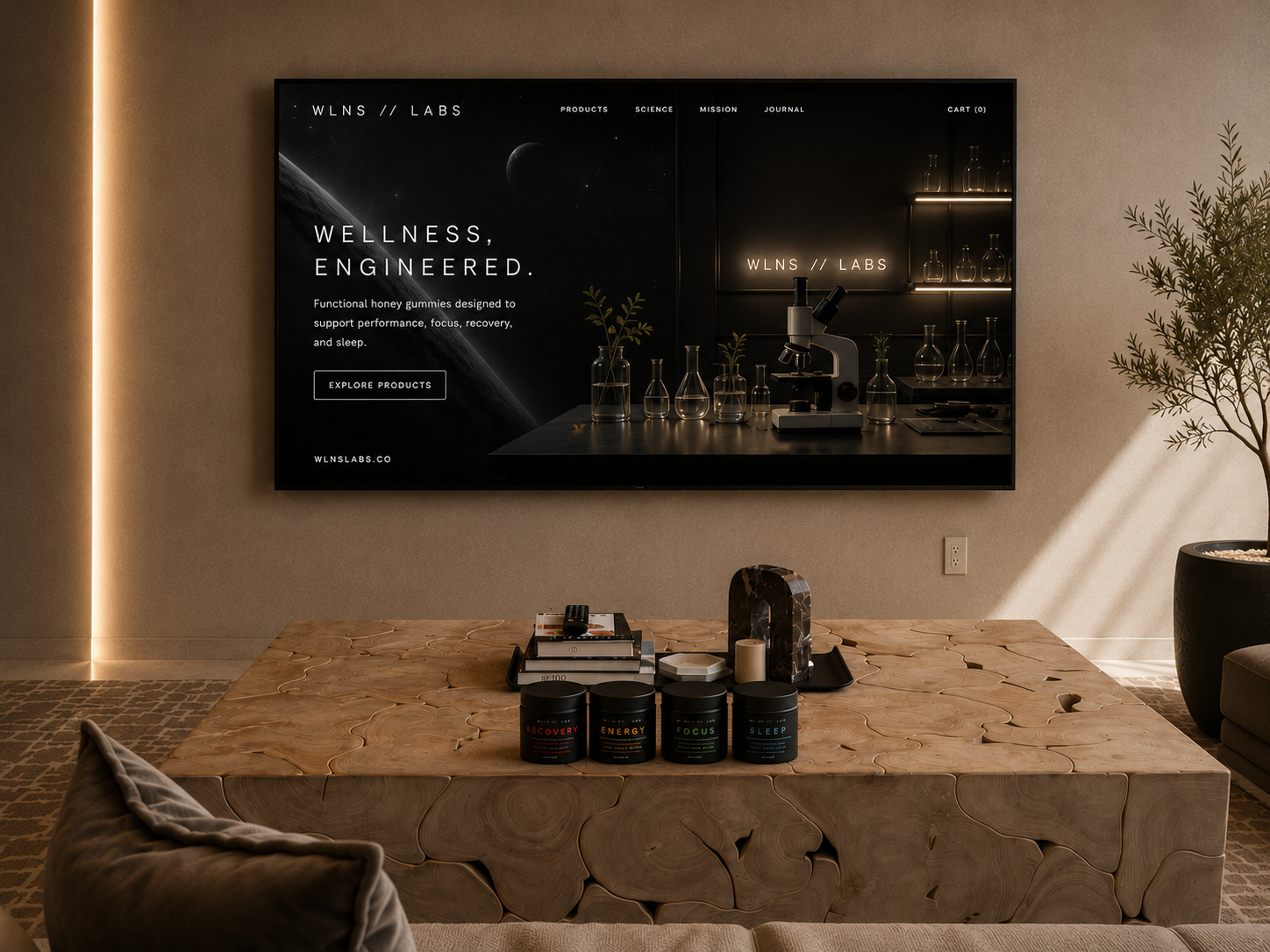 Brand system at home — quiet, dark, considered.