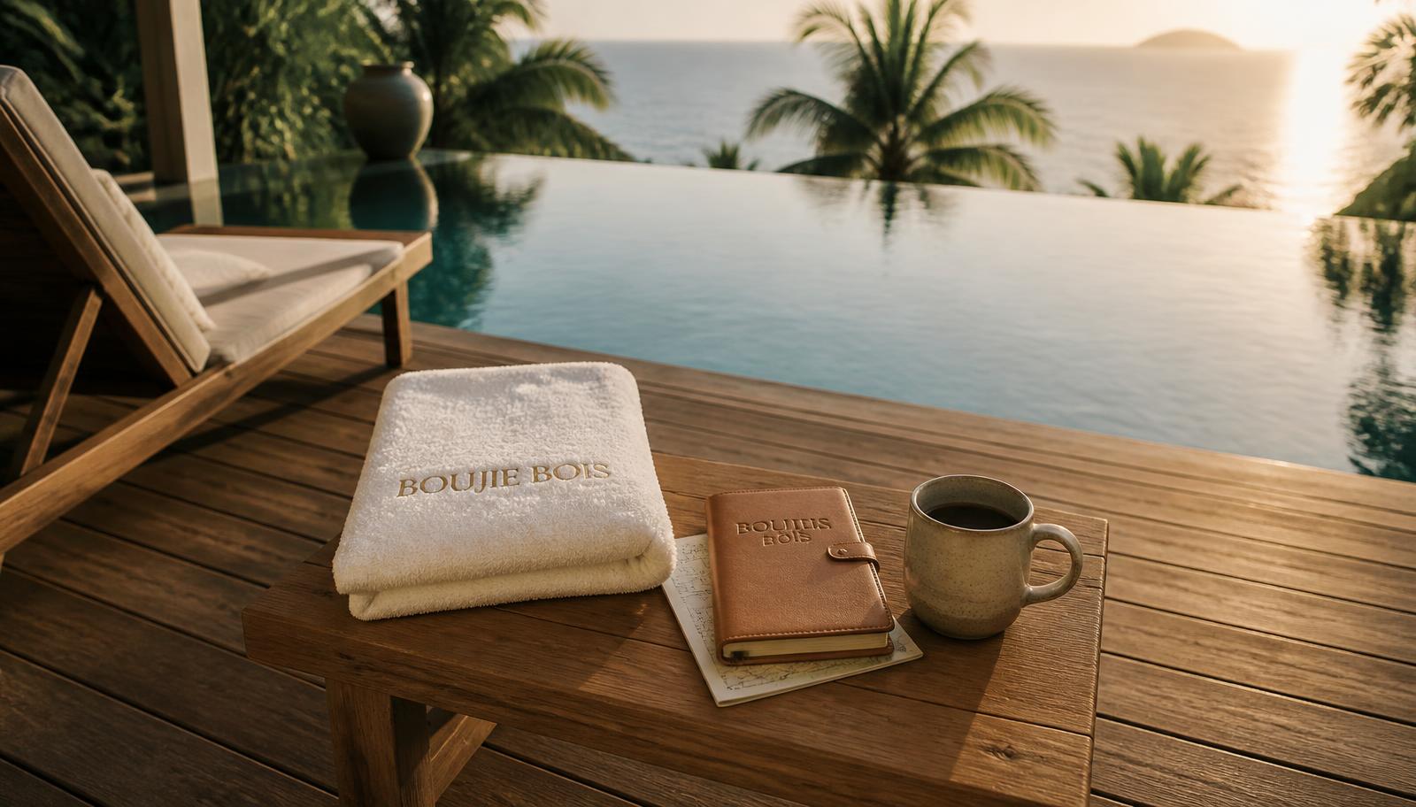 Boujie Bois embroidered towel, embossed leather travel journal and mug on a teak deck beside an infinity pool in Koh Samui