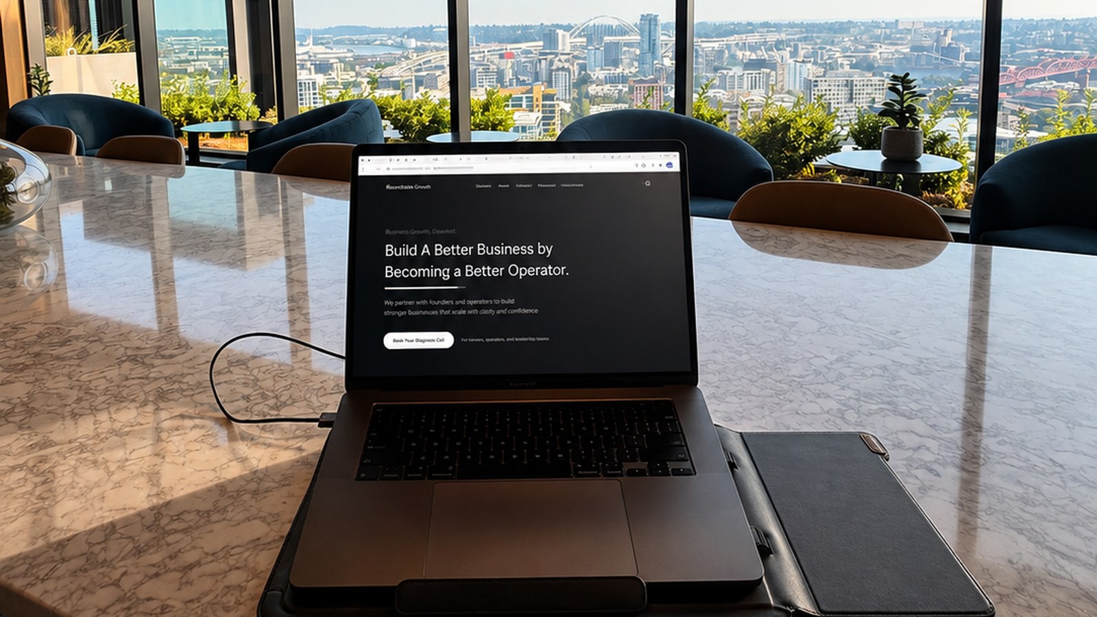 A laptop showing the Seventh Level Consulting site on a marble conference table overlooking the Portland skyline
