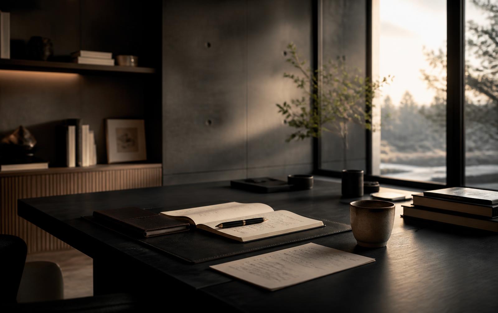 A quiet founder workspace at dawn — journal, pen, and morning light
